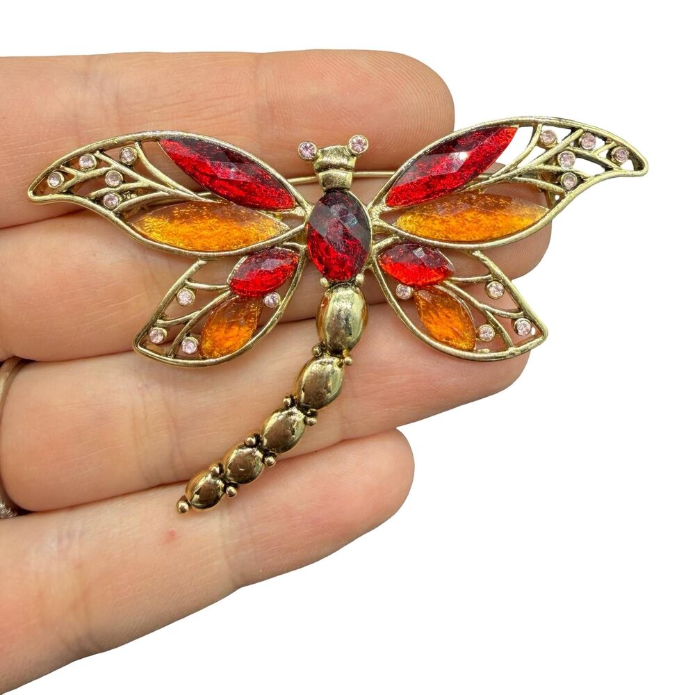 Vintage 1980s Red Marquise Rhinestones gold tone Butterfly Brooch